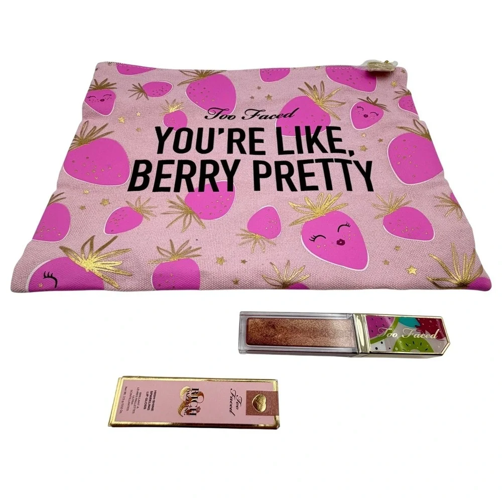 Too Faced Lip Gloss Set includes Sunset Crush and Yummy Rummy and Makeup Bag NEW